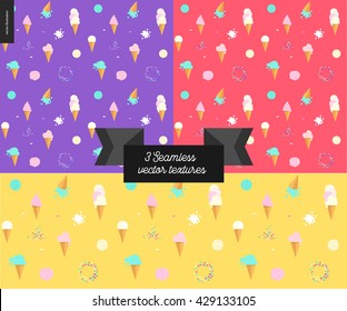 Three Ice cream seamless patterns - violet, red and yellow seamless patterns on ice cream topic - flat cartoon illustrated waffle cones, scoops, and sprinkles, with flat stylized ribbon with a title