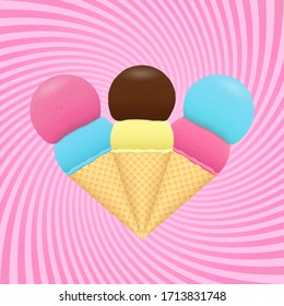 Three ice cream in waffle cones, with pink striped swirling background. Summer cooling sweets design.