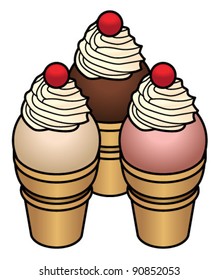 Three ice creams with cream and cherries on top.