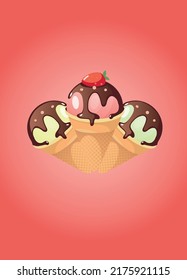 three ice creams in a waffle cone. scoop of ice cream in a cone with chocolate and strawberries
