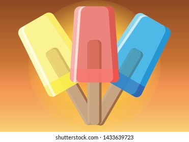 Three ice creams of yellow, red and blue.