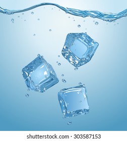 Three ice cubes dropped into water. Vector illustration. EPS10.