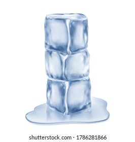 Tres cubos de hielo, aislados de fondo blanco. Ilustración vectorial.