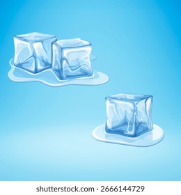 Three ice cubes. melted clear ice cubes with water photo, graphic, vector, illustration, isolated design on a azure background.