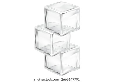 Three ice cubes. melted clear ice cubes with water photo, graphic, vector, illustration, isolated design on a white background.