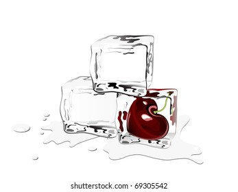 Three ice cubes, one with frozen cherry