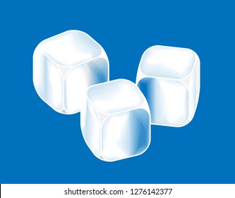 Three ice cubes in a row on a blue background.
