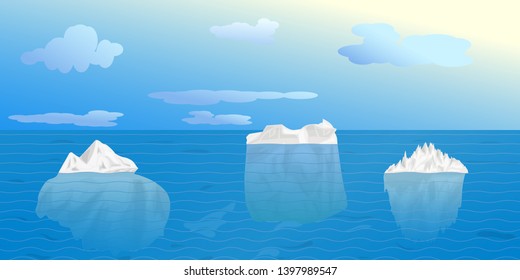 Three ice iceberg in the sea. Floaters with a large underwater part. For the design of the polar landscape.