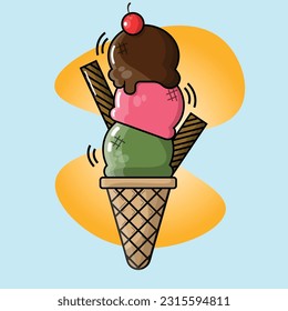 Three Icecream Scoops on a cone with wafer topped with a cherry