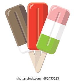 three ice-creams on stick in different flavors and colors isolated on white background