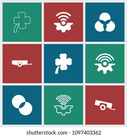 Three icon. collection of 9 three filled and outline icons such as barrow, circle intersection, gear connection. editable three icons for web and mobile.