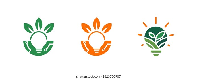 Three icon designs feature lightbulb icons combined with leaves and circuit board elements, symbolizing ecoconscious technology and sustainable energy solutions.
