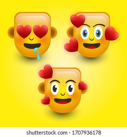 Three icon. falling in love emoji isolated on a yellow background. 3d illustration.