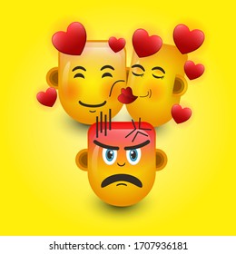 Three icon. falling in love emoji isolated on a yellow background. 3d illustration.