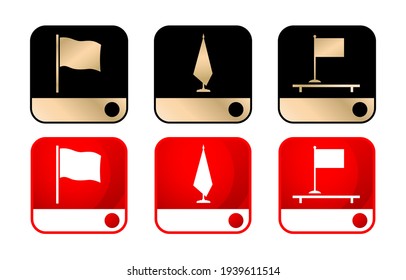 Three icon flag models set with two colors design black gold and red white isolated white backgrounds, phone icon on buttons applicable phone apps, icon label corporate and business.