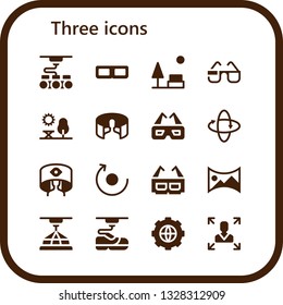 three icon set. 16 filled three icons.  Collection Of - 3d, 3d glasses, Park, panorama 360 , 360 , 360 panorama, Rotate, Options, Decision making