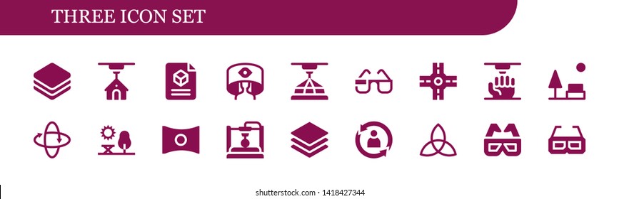 three icon set. 18 filled three icons.  Collection Of - Layers, 3d, 360 panorama, 3d glasses, Crossroad, Park, 360 , Panorama, Rotate, Triquetra