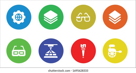 three icon set. 8 filled three icons. Included Options, 3d glasses, Layers, 3d, Wooden leg, Layer, Rickshaw icons