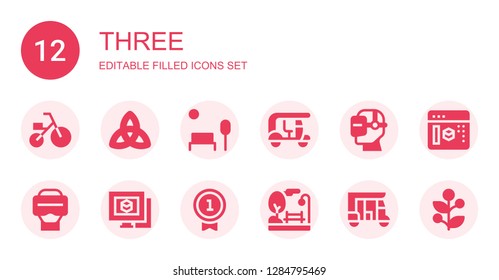 three icon set. Collection of 12 filled three icons included Tricycle, Triquetra, Park, Tuk tuk, Virtual reality, d modeling, Number, Holly