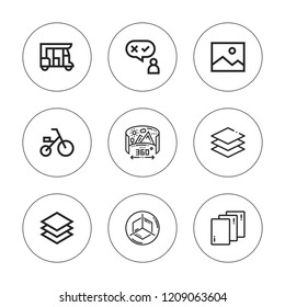 Three icon set. collection of 9 outline three icons with layer, layers, panorama, perspective, option, tuk tuk icons. editable icons.