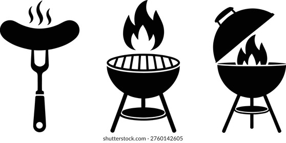 Three iconic methods of outdoor cooking illustrated in black and white