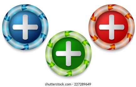 Three icons with color back light and plus symbol