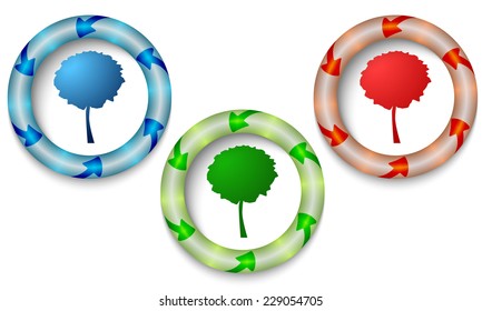 Three icons with color back light and tree symbol
