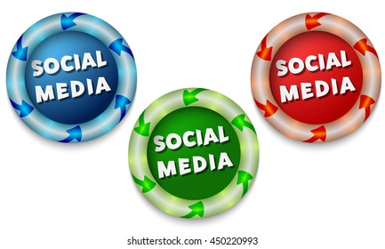 Three icons with color back light and the words social media