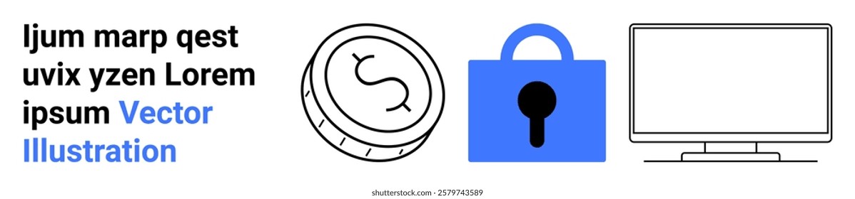 Three icons depict a coin, a blue lock, and a computer monitor. Ideal for finance, security, online transactions, cryptocurrency, and technology. Banner for landing page