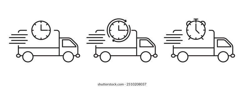 Drei Icons von schnellfahrenden Lieferwagen mit verschiedenen Zeitelementen, geeignet zur Illustration dringender und Express-Versandlösungen