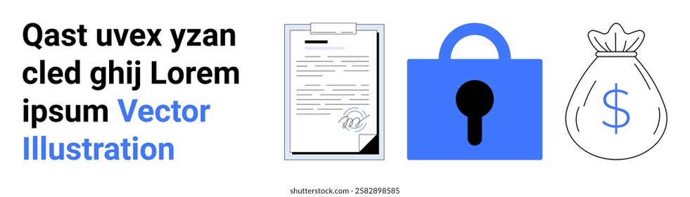 Three icons featuring a clipboard with documents, a padlock symbolizing security, and a money bag. Ideal for finance, security, document management, encryption, and data protection. Banner