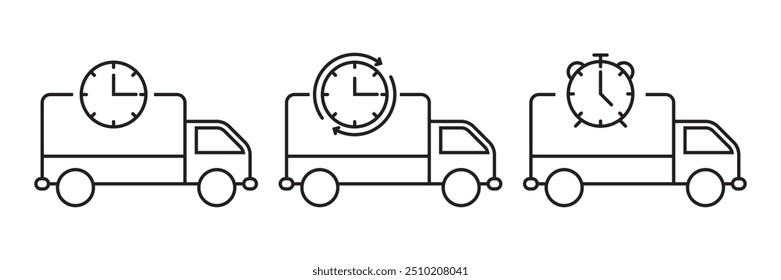 Three icons featuring delivery trucks with time elements like clocks and stopwatches, ideal for time-sensitive delivery options