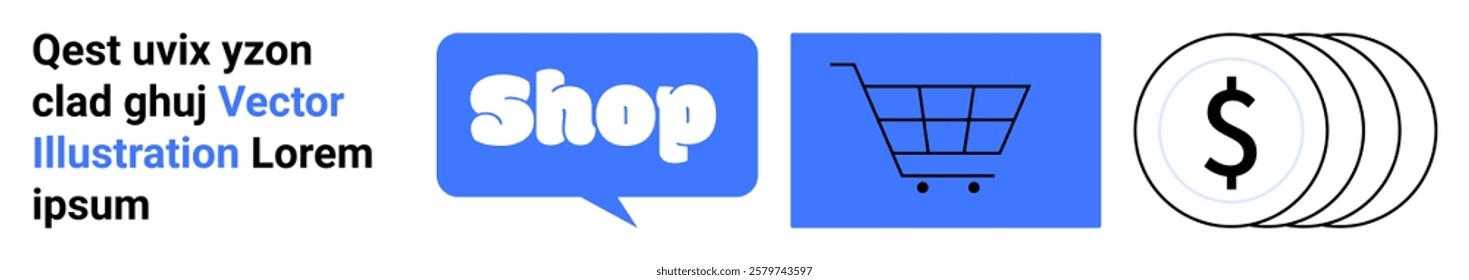Three icons include a Shop speech bubble, a shopping cart, and dollar sign coins. Ideal for e-commerce, online stores, shopping, retail, financial transactions. Banner for landing page