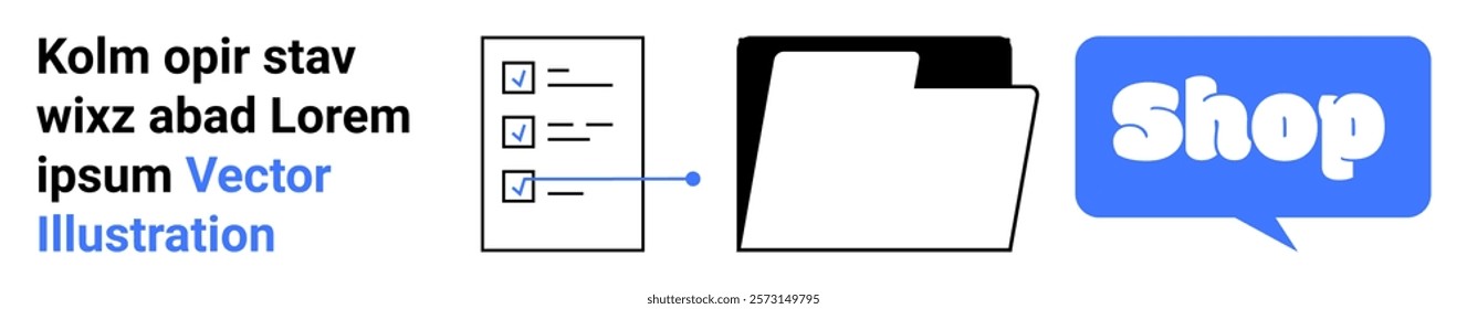 Three icons including a checklist, folder, and Shop speech bubble with text. Ideal for business, e-commerce, document management, online shopping, and marketing themes. Banner for landing page
