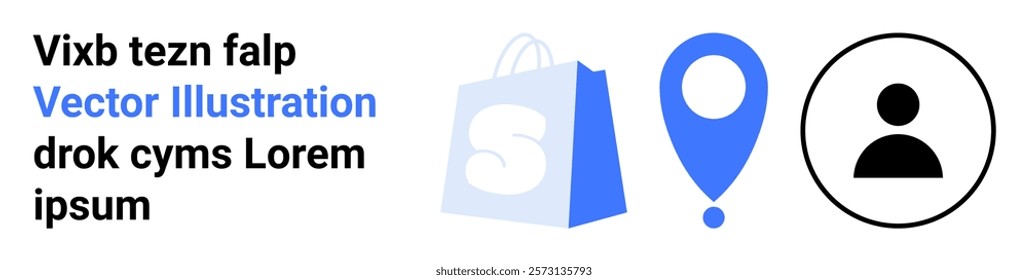 Three icons including a shopping bag, a location pin, and a user profile icon against a white background. Ideal for online shopping, e-commerce, delivery services, user profiles, and navigation