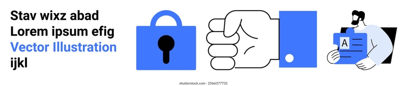 Three icons a locked padlock, a clenched hand holding something, and a person presenting an ID card. Ideal for digital security, data protection, user information, access control, authentication