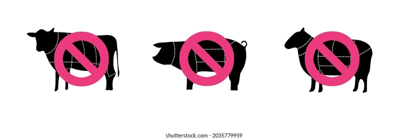 Three icons with the meaning, "no beef meat", "no pork meat" and "no lamb meat" in black and pink. concept for plant based protein foods