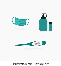 three icons of medical equipment, they are mask, hand sanitizer and thermometer