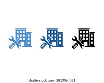 Three icons representing building maintenance with tools like wrenches and screwdrivers in blue and black.