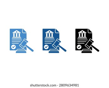 Three icons representing a legal document with a gavel and courthouse symbol in blue and black.
