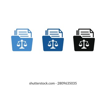 Three icons representing legal documents in folders with the scales of justice symbol in blue and black.