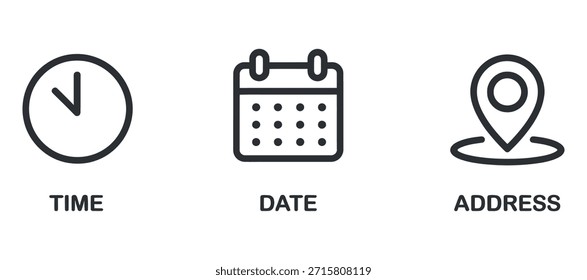Three icons representing time, date, and address are displayed, offering essential event details.