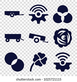 Three icons. set of 9 editable filled three icons such as barrow, circle intersection, gear connection, clover