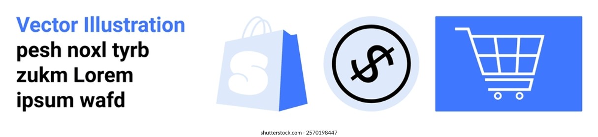 Three icons for shopping and finance in blue and black colors. One shows a shopping bag, another a dollar sign and the last icon is a shopping cart. Ideal for e-commerce, online shopping, retail