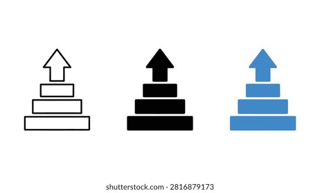 Three icons show arrows pointing up on threetiered stacked blocks in white black and blue