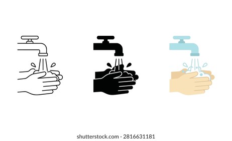 Three icons show hands washing under various faucet designs with water droplets
