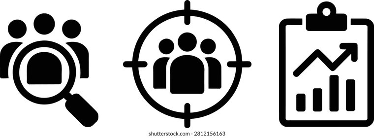 Three icons showing audience analysis, targeting, and analytics growth on a clipboard
