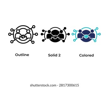 Three icons showing networked people with outline solid and colored variations