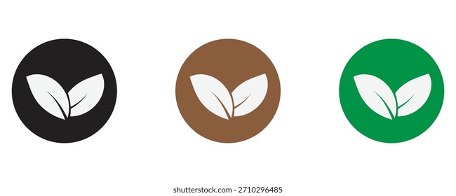 Tres íconos que muestran una hoja blanca sobre un fondo circular negro, marrón y verde, ideal para Sitios web y diseños App que promueven la sostenibilidad y el crecimiento