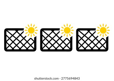 Three icons of solar panels generating renewable energy from the sun